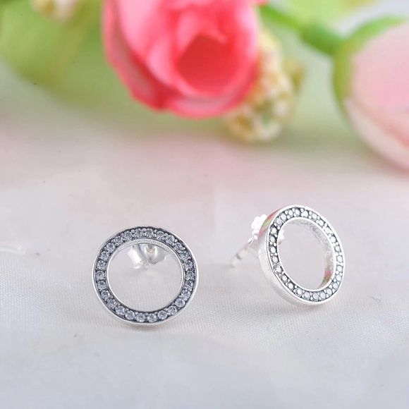 Jewelry - Silver Plated Circle Stud Earrings with CZ Stones